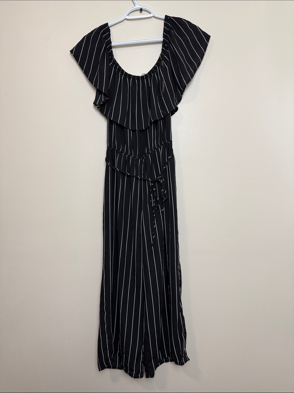 Active USA Black Stripe Ruffle-Shoulder Jumpsuit Dress size S